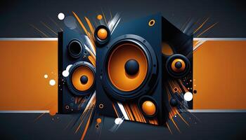 Background banner Music and sound with some technology, orange and dark blue color.Gold music notes and treble clef on line wave of sound tune. illustration template for music festival photo