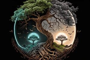 ying yang concepto de equilibrar yggdrasil árbol de vida nórdico mitología. equilibrar concepto. generativo ai foto