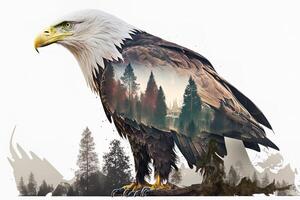 Bald eagle and the Pacific Northwest, double exposure photography. . Leader, courage, strong and brave, majestic lion. Scout photo