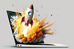 Rocket coming out of laptop screen, white background. AI digital illustration concept of ideas and start up. photo