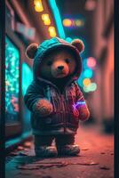 toy cute Bear in clothes jacket and sneakers on street background with neon lighting, photo