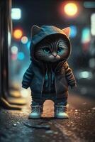 toy cute cat in clothes jacket and sneakers on street background with neon lighting, photo