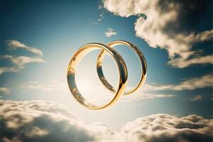A pair of gold wedding rings floating in the sky. two wedding rings floating in the clouds with a sun in the background and a blue sky with clouds below them. . Wedding concept. photo