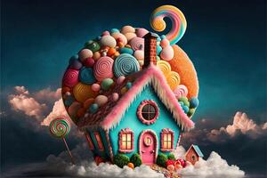 Christmas decorations with colorful gingerbread pink house and colorful candy on white cloud. Winter holidays new year and xmas composition. Amazing fairy Christmas house. photo