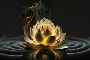 Bright red, yellow lotus flower, burning cloud-like petals, surrounded by magic chaos light, white smoke, falling reflected light, Lotus light with pearls floating on a sparkly background. photo
