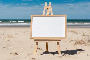 White blank artist frame on a small wooden easel on summer sea beach background with copy space. Advertising mockup artboard for pictures or artwork. Painting frame template banner. photo