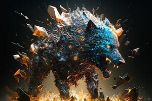 fusion of metal wolf exploding through fire surrounded by scattered glass shards and debris, cosmic energy photo