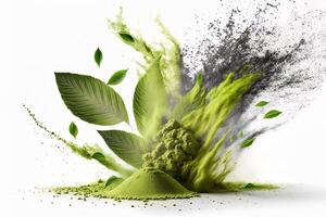 powder flavored explosion white background with kratom leafs mockup for matcha tea. photo