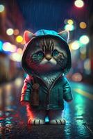 toy cute cat in clothes jacket and sneakers on street background with neon lighting, photo