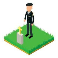 Soldier veteran icon isometric vector. Old man soldier stand near friend grave vector