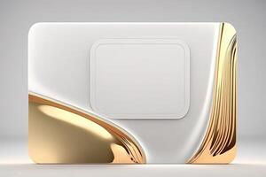 a white card for mockup, horizontal rectangular with rounded corner shapes, front view, stunning light, studio light, reflexion of hundred fine lines of gold reflection, white background photo