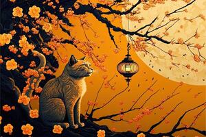 abstract design chinese new year cute cats with spring colors, surreal fantasy, Apricot blossom. Happy new year concept 2023. Year of Cat. Lunar new year photo