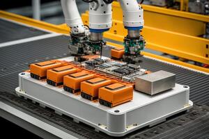 interior de industria fábrica, robot montaje línea con eléctrico coche batería células módulo en plataforma. generativo ai foto