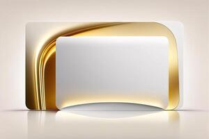 a white card for mockup, horizontal rectangular with rounded corner shapes, front view, stunning light, studio light, reflexion of hundred fine lines of gold reflection, white background photo