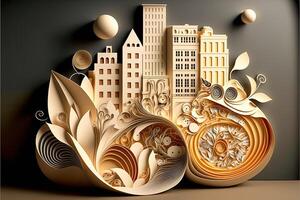 paper quilling style urban design. Multidimensional paper quilling craft illustration a small city. photo