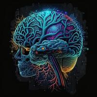brain art NFT neon and cyberpunk color, holography, cosmic background, Glowing Digital Brain Ai Intelligence Forming Digitized Neurons Artificial Intelligence Art Algorithm. photo