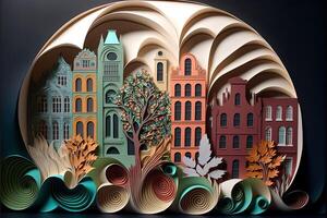 paper quilling style urban design. Multidimensional paper quilling craft illustration a small city. photo