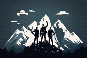 businessmen standing on top of a mountain in victory poses.Business success concept. Success in life concept, with business person celebrating on top of mountain photo