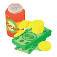 Retail beer icon isometric vector. Beer can near stack of dollar bill and coin vector