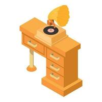 Retro gramophone icon isometric vector. Vintage music gramophone on wooden table vector