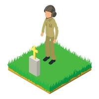 Tankman icon isometric vector. Faceless soldier man stand near friend grave icon vector