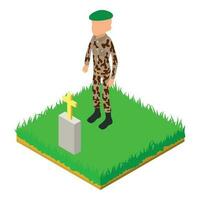 Green beret icon isometric vector. Army sergeant in uniform stand near grave vector