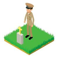 Officer icon isometric vector. Man officer character stand near friend grave vector