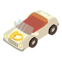 Wedding car icon isometric vector. White wedding convertible with two gold ring vector