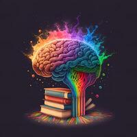 This whimsical image shows a brain with a library inside, its neurons and synapses lit up in a rainbow of joyful colors. A stack of books on a shelf indicates knowledge and learning, photo