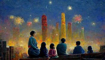 asiático familia acecho Fuegos artificiales y celebrando juntos. contento nuevo año por cuadro. foto