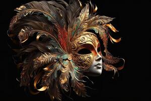 Venetian carnival mask. Gold color, colored feathers. Happy carnival festival, attributes of the Brazilian carnival. Venetian carnival mask and beads decoration. Mardi gras background. photo