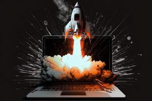 Rocket coming out of laptop screen, black background. AI digital illustration concept of ideas and start up. photo