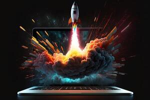 Rocket coming out of laptop screen, black background. AI digital illustration concept of ideas and start up. photo