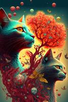 abstract design chinese new year cute cats with spring colors, surreal fantasy, peach flower. Happy new year concept 2023. Year of Cat. Lunar new year photo