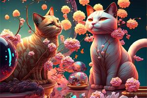 abstract design chinese new year cute cats with spring colors, surreal fantasy, peach flower. Happy new year concept 2023. Year of Cat. Lunar new year photo