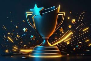 Champion golden trophy with gold stars on blue dark background. Generation AI. Concept of success and achievement. Gold glitters explosion. photo