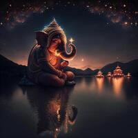 There are many galactic stars in the night sky of a huge massive GANESHA statue, with red lanterns rising in the sky, crowds watching the lantern festival. Ganesha Festival. photo