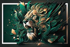 Poster of Lion roaring, Abstract poster of a dangerous and powerful roaring male lion. . Creative fire flames art paint coming from the mad king of the jungle. photo