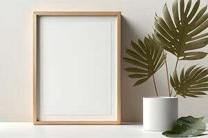 Blank picture frame mockup on wall in modern interior. Artwork template mock up in interior design. Wooden Picture Frame Mockup on White Wall Minimalist - photo