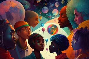 a multiverse of speech, a fantasy world where everyone can talk, with a lot of poetry, colorful, diverse avatars interacting with each other. photo