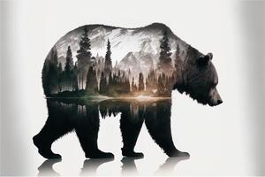 Double exposure of a bear and jungle on white background. Camping concept. Vintage Grizzly for t-shirt design, sticker, poster, and wallpaper. Adventure bear illustration photo