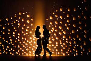 silueta Pareja bailes en frente de un pared de luces, ejemplificando el energía y pasión en su relación, generativo ai, enamorado concepto. foto