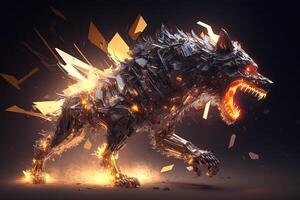 fusion of metal wolf exploding through fire surrounded by scattered glass shards and debris, cosmic energy photo