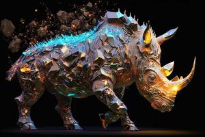 fusion of metal Rhino exploding through fire surrounded by scattered glass shards and debris, cosmic energy photo