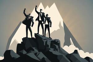 businessmen standing on top of a mountain in victory poses.Business success concept. Success in life concept, with business person celebrating on top of mountain photo