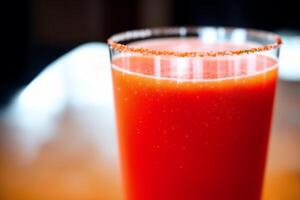 Fresh Tomato juice in a glass on a wooden background, closeup. Healthy food concept. photo