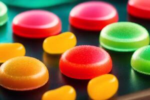 close up of Colorful jelly candies on a wooden background, sweet food. Colorful candies on a dark background. photo