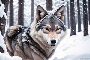 Portrait of a wolf in the winter forest. Animal in nature. Wildlife scene. photo