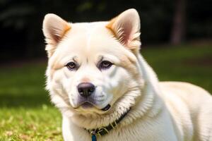 Portrait of a beautiful Japanese Akita dog in the park. photo