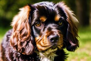 Portrait of a beautiful dog breed American Cocker Spaniel. A beautiful Cavalier King Charles Spaniel dog in the park. photo